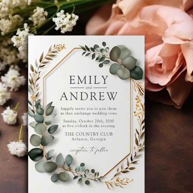 Elegant Eucalyptus Greenery Gold Frame Wedding  Invitation (Creator Uploaded)