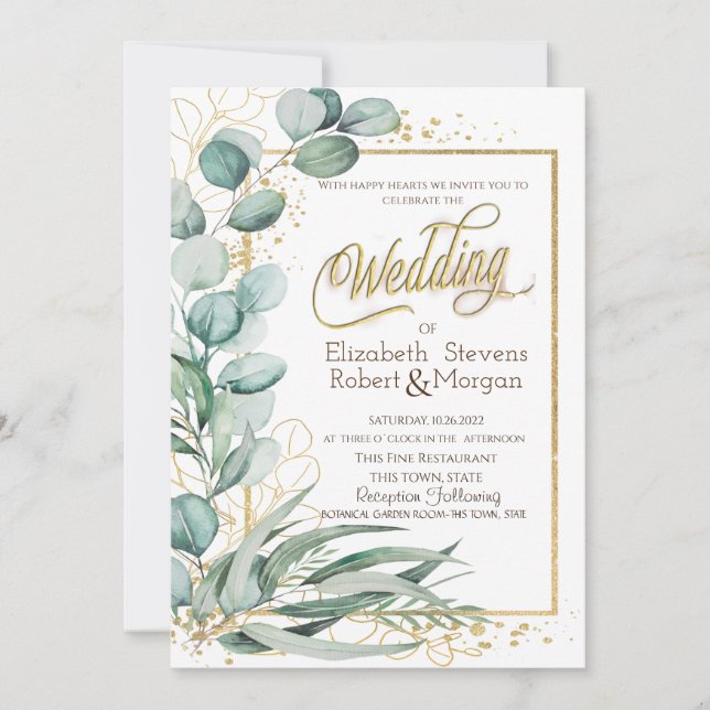 Elegant Eucalyptus Greenery Gold Frame Wedding Invitation (Front)