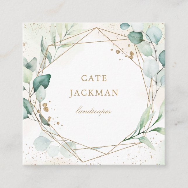 Elegant Eucalyptus Greenery Gold Geometric Rustic Square Business Card (Front)