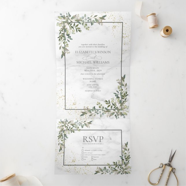 Elegant Eucalyptus Greenery Gold Marble Photo Tri-Fold Invitation (Inside)