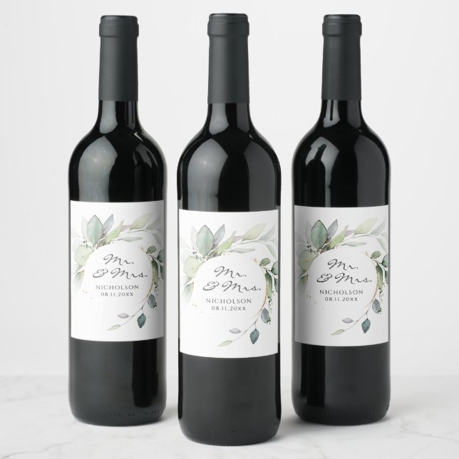  Elegant Eucalyptus Greenery Gold Mr. & Mrs.  Wine Label (Bottles)