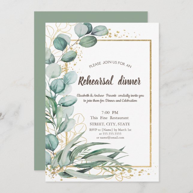 Elegant Eucalyptus Greenery Gold Rehearsal Dinner  Invitation (Front/Back)