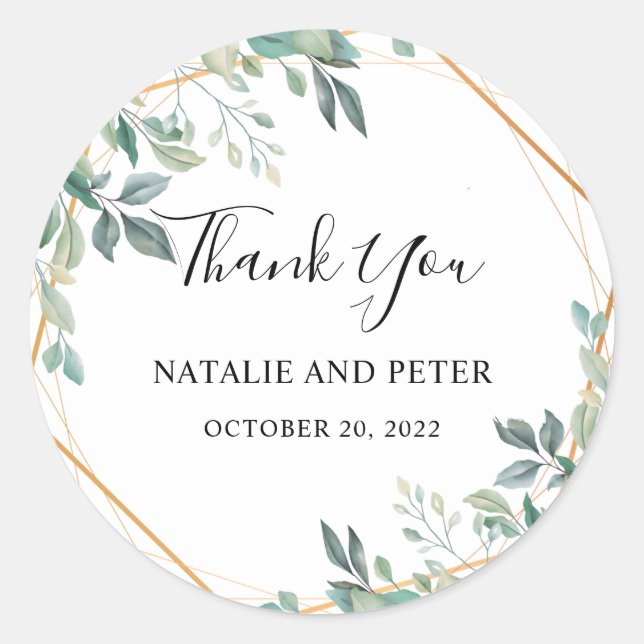 Elegant Eucalyptus Greenery Gold Rustic Thank You Classic Round Sticker (Front)