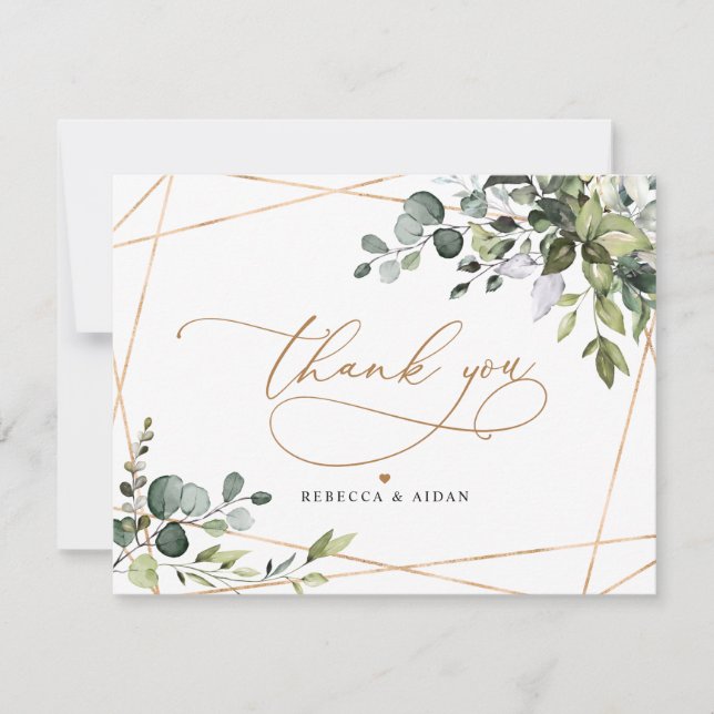 Elegant Eucalyptus Greenery Gold Thank You Card (Front)