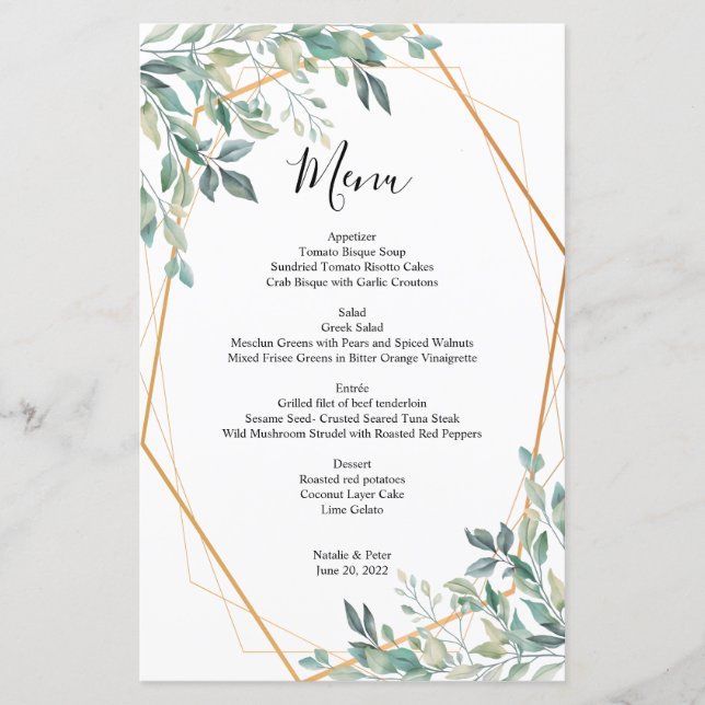 Elegant Eucalyptus Greenery Gold Wedding Menu (Front)