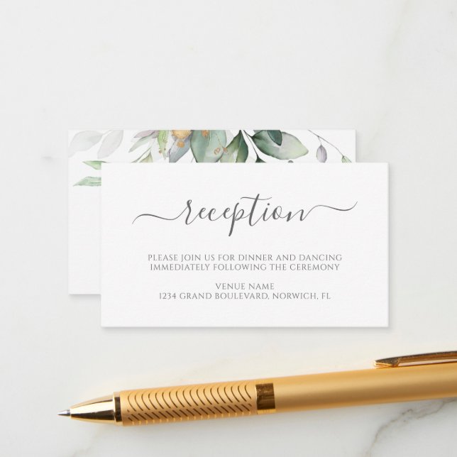 Elegant Eucalyptus Greenery Gold Wedding Reception Enclosure Card (Front/Back In Situ)