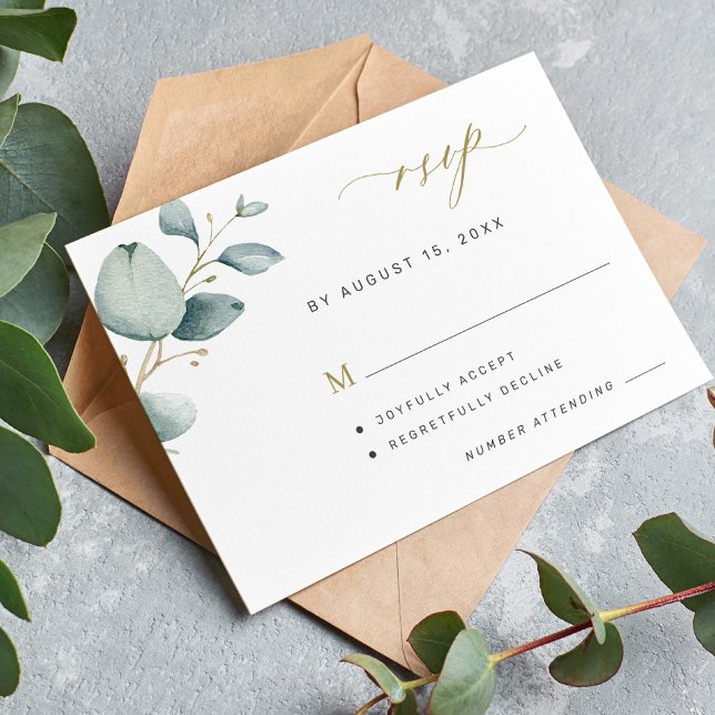 Elegant eucalyptus greenery gold wedding RSVP card (Creator Uploaded)