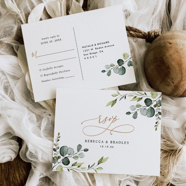 Elegant Eucalyptus Greenery Gold Wedding Rsvp Postcard (Creator Uploaded)
