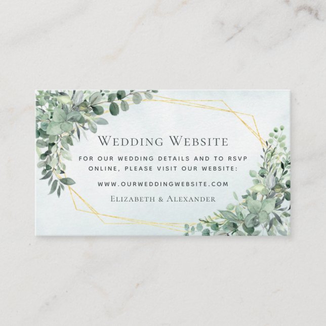 Elegant Eucalyptus Greenery Gold Wedding Website Enclosure Card (Front)