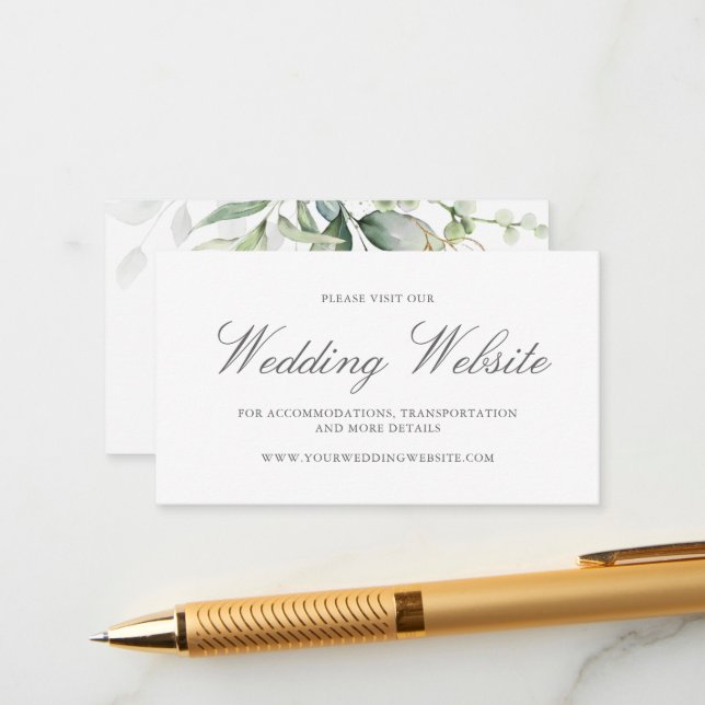 Elegant Eucalyptus Greenery Gold Wedding Website Enclosure Card (Front/Back In Situ)
