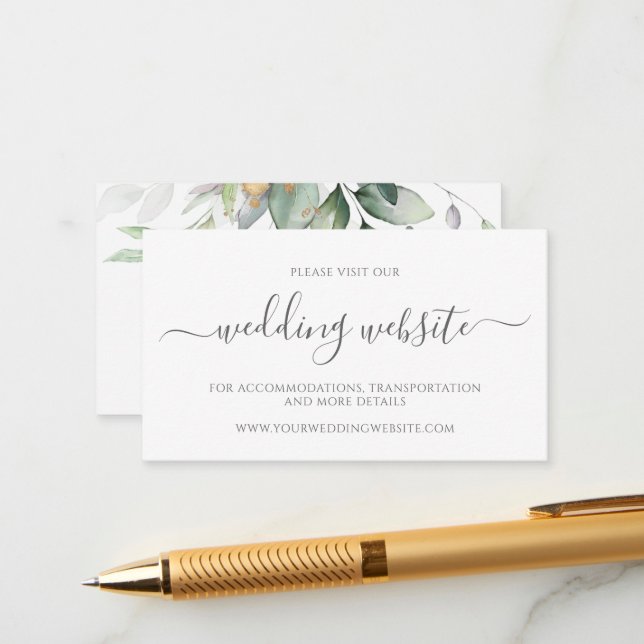 Elegant Eucalyptus Greenery Gold Wedding Website Enclosure Card (Front/Back In Situ)