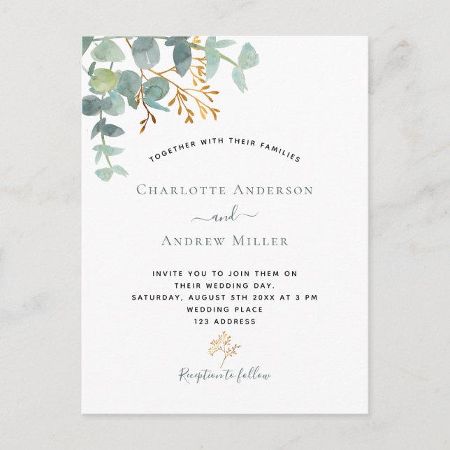 Elegant eucalyptus greenery green modern wedding postcard (Front)