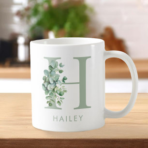 Elegant Eucalyptus Greenery Initial Name Monogram Coffee Mug
