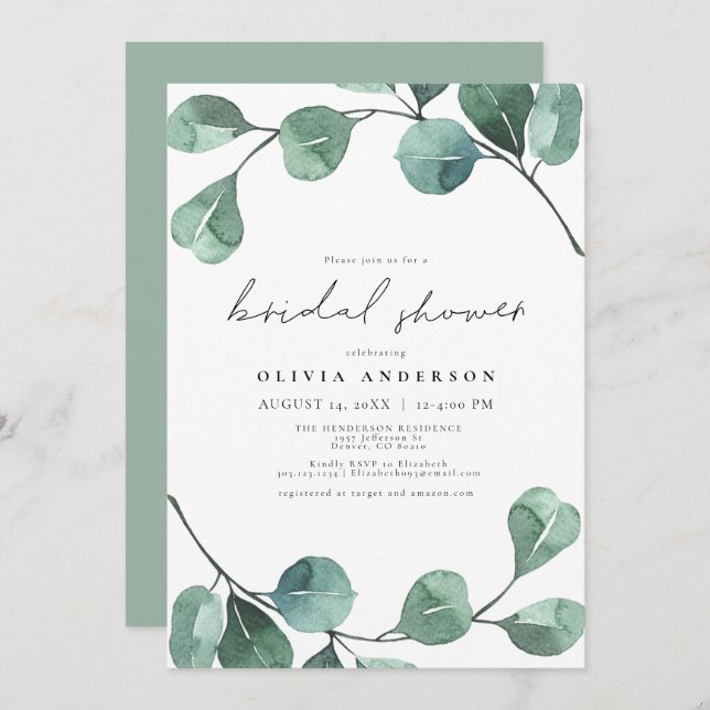 Elegant Eucalyptus Greenery Leaf Bridal Shower Invitation (Front/Back)