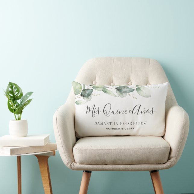 Elegant Eucalyptus Greenery Leaves Mis Quince Anos Lumbar Cushion (Chair)