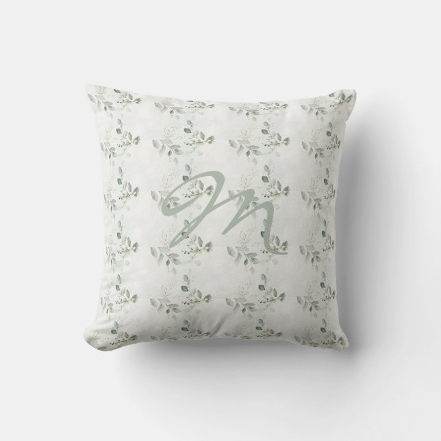 Elegant Eucalyptus Greenery Monogram Cushion (Front)