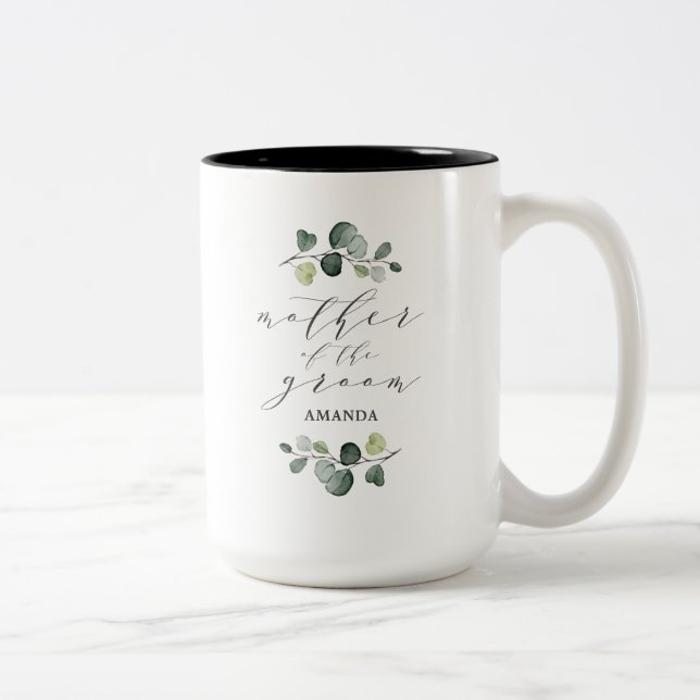 Elegant Eucalyptus Greenery Mother of the Groom Two-Tone Coffee Mug (Right)