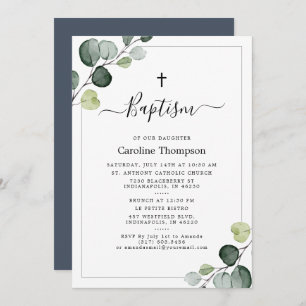 Elegant Eucalyptus Greenery Navy Baptism Invitation