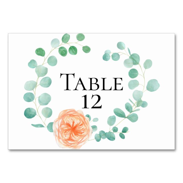 Elegant Eucalyptus Greenery Peach Floral Table Number (Front)