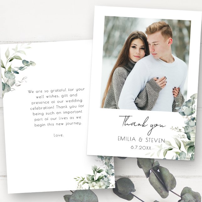 Elegant Eucalyptus Greenery Photo Thank You Card (Creator Uploaded)