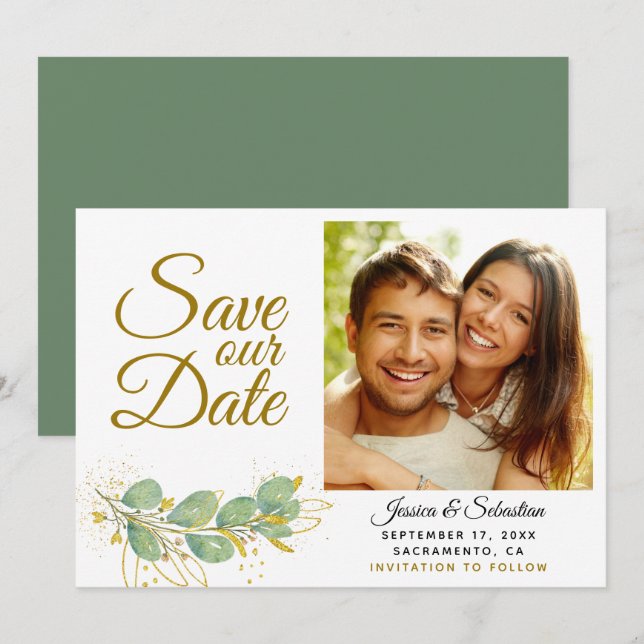 Elegant Eucalyptus Greenery Photo Wedding Save The Date (Front/Back)