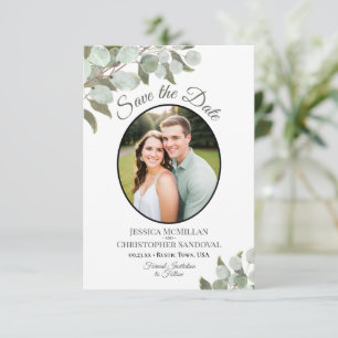Elegant Eucalyptus Greenery & Photo White Wedding Save The Date