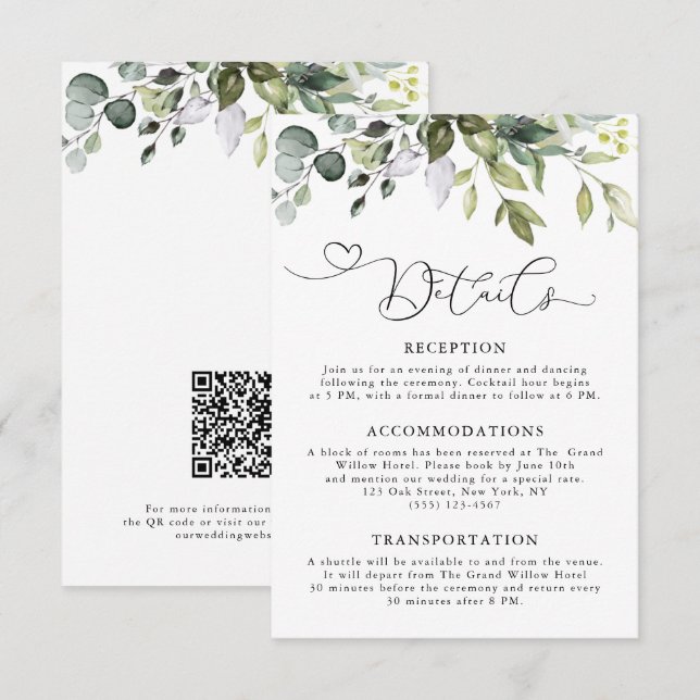 Elegant Eucalyptus Greenery QR Code Wedding Enclosure Card (Front/Back)