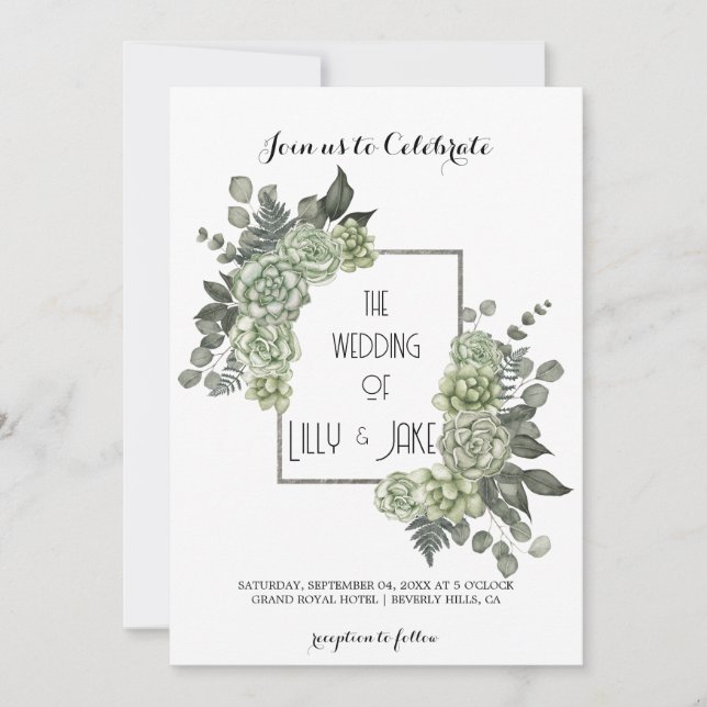 Elegant Eucalyptus Greenery Silver Frame Invitation (Front)
