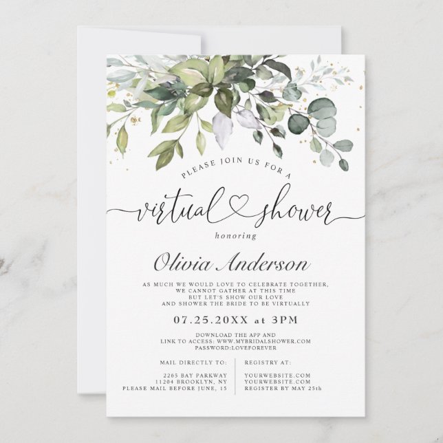 Elegant Eucalyptus Greenery virtual Bridal Shower Invitation (Front)