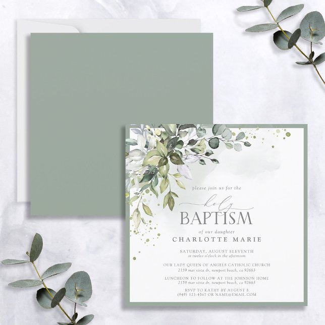 Elegant Eucalyptus Greenery Watercolor Baptism Invitation (Creator Uploaded)