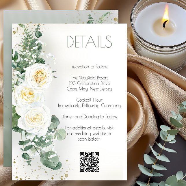 Elegant Eucalyptus Greenery Wedding Details Card (Elegant eucalyptus greenery wedding details card with white roses and botanical design)