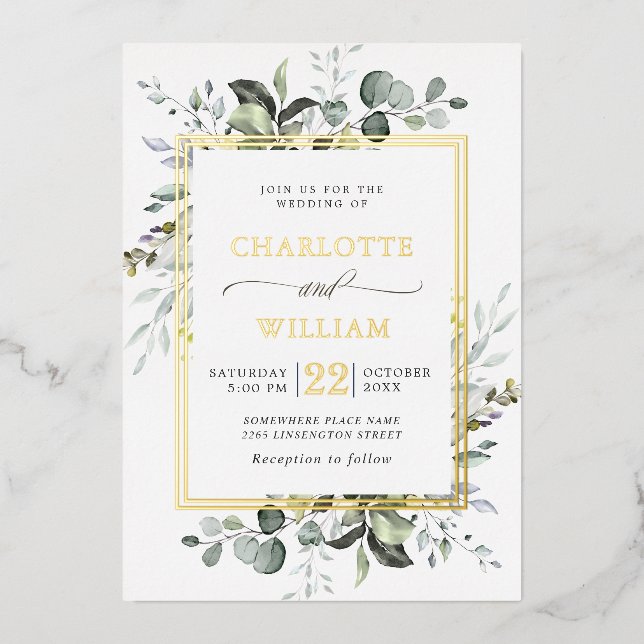 Elegant Eucalyptus Greenery Wedding Gold Foil Invi (Front)
