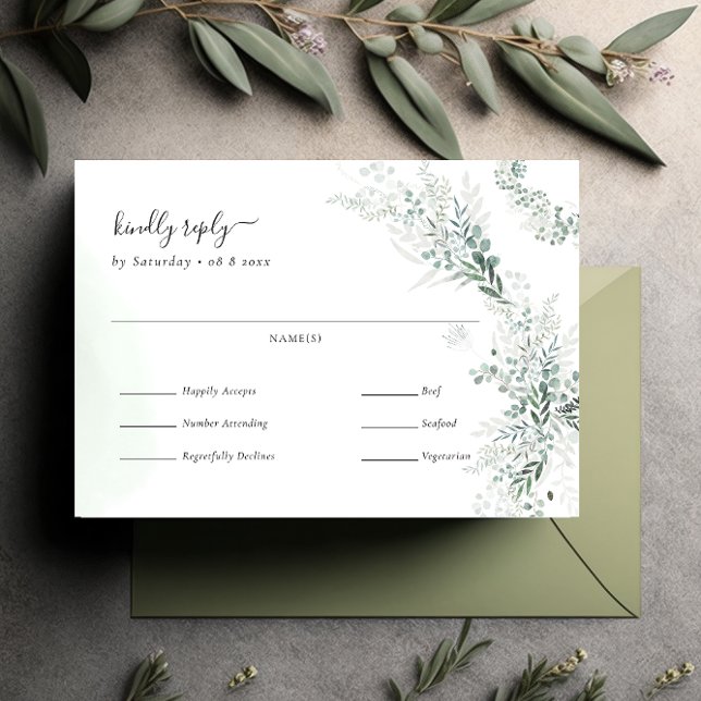 Elegant Eucalyptus Greenery Wedding Meal Choice RSVP Card (Creator Uploaded)