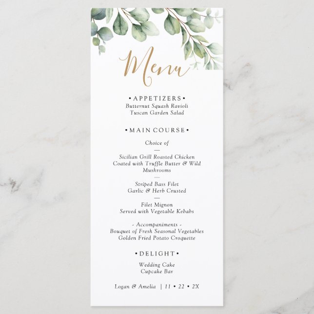 Elegant  Eucalyptus Greenery Wedding  Menu (Front)