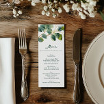 Elegant Eucalyptus Greenery Wedding Menu Card<br><div class="desc">Impress your guests with this elegant wedding menu card, featuring a lush eucalyptus branch and delicate green leaves artfully illustrated in soft watercolor. The botanical design brings a fresh and natural touch to your reception table, capturing the charm of a garden inspired celebration. Its minimal yet sophisticated layout highlights the...</div>
