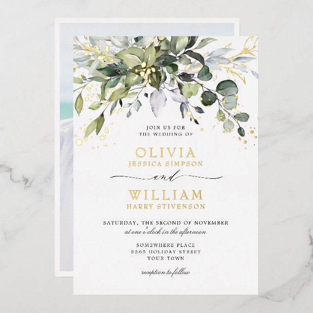 Elegant Eucalyptus Greenery Wedding Photo Gold (Front/Back)
