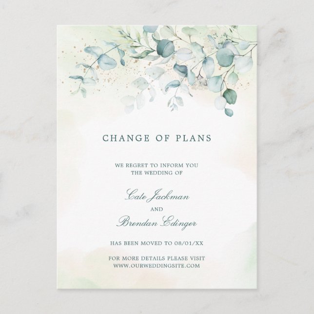 Elegant Eucalyptus Greenery Wedding Postponement Announcement Postcard (Front)