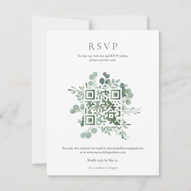 Elegant Eucalyptus Greenery Wedding QR Code RSVP Invitation (Front)