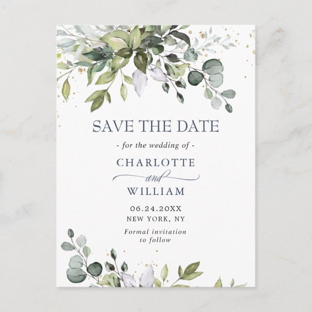 Elegant Eucalyptus Greenery Wedding Save the Date Postcard (Front)