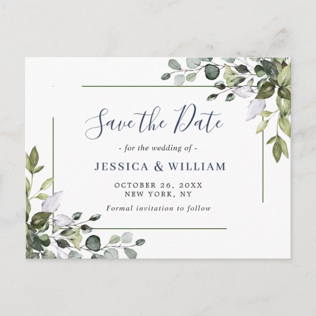 Elegant Eucalyptus Greenery Wedding Save the Date Postcard (Front)