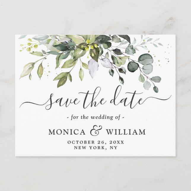 Elegant Eucalyptus Greenery Wedding Save the Date Postcard (Front)