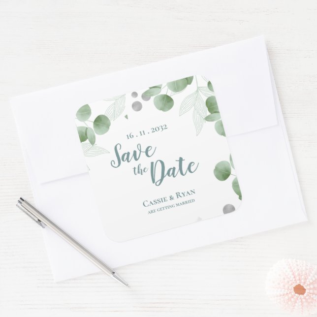 Elegant Eucalyptus Greenery Wedding Save the date Square Sticker (Envelope)
