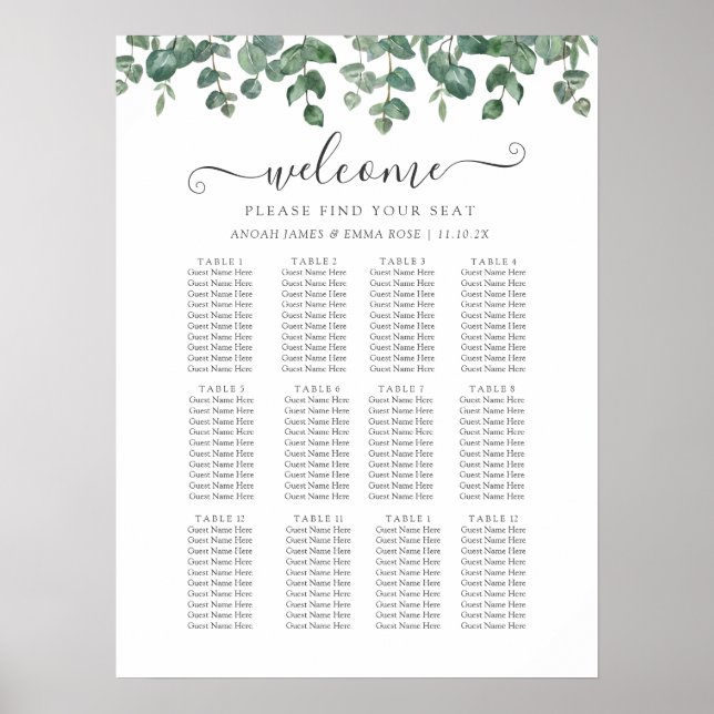 Elegant Eucalyptus Greenery Wedding Seating Chart (Front)