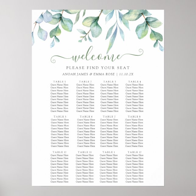 Elegant Eucalyptus Greenery Wedding Seating Chart (Front)