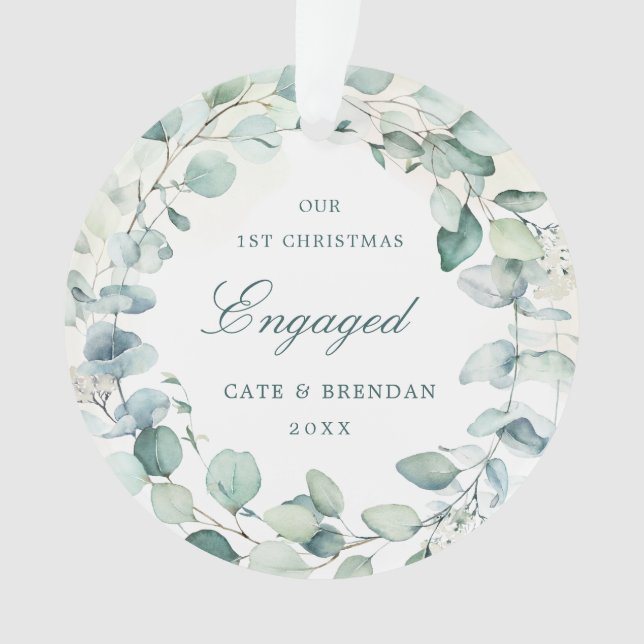 Elegant Eucalyptus Greenery Wreath Engaged Photo Ornament (Front)
