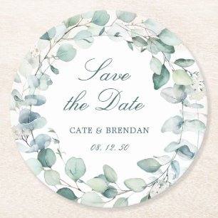 Elegant Eucalyptus Greenery Wreath Save The Date Round Paper Coaster