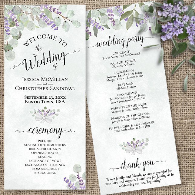 Elegant Eucalyptus & Lavender Watercolor Wedding Program (In Situ Front and Back)