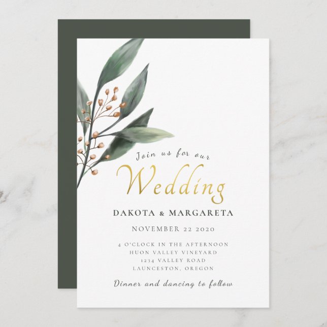 Elegant eucalyptus leaf gold script wedding invitation (Front/Back)
