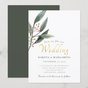 Elegant eucalyptus leaf gold script wedding invitation
