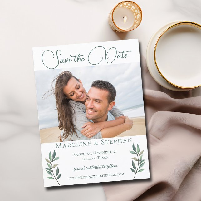 Elegant Eucalyptus Leaf Green Engagement Photo Invitation Postcard (Creator Uploaded)